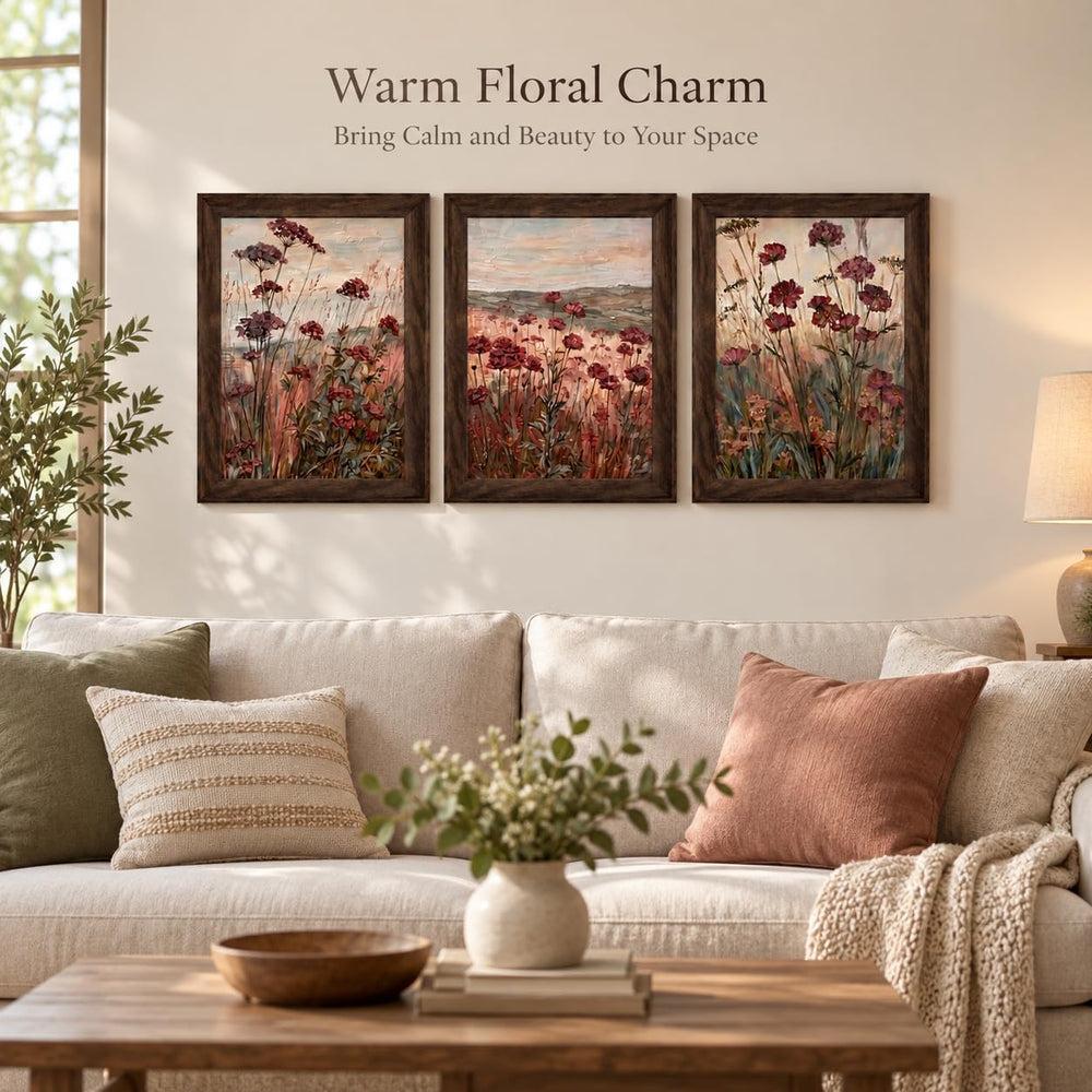 Floral Textured Canvas Wall Art Set 3Pcs Framed Rustic Botanical 16X12 Inch