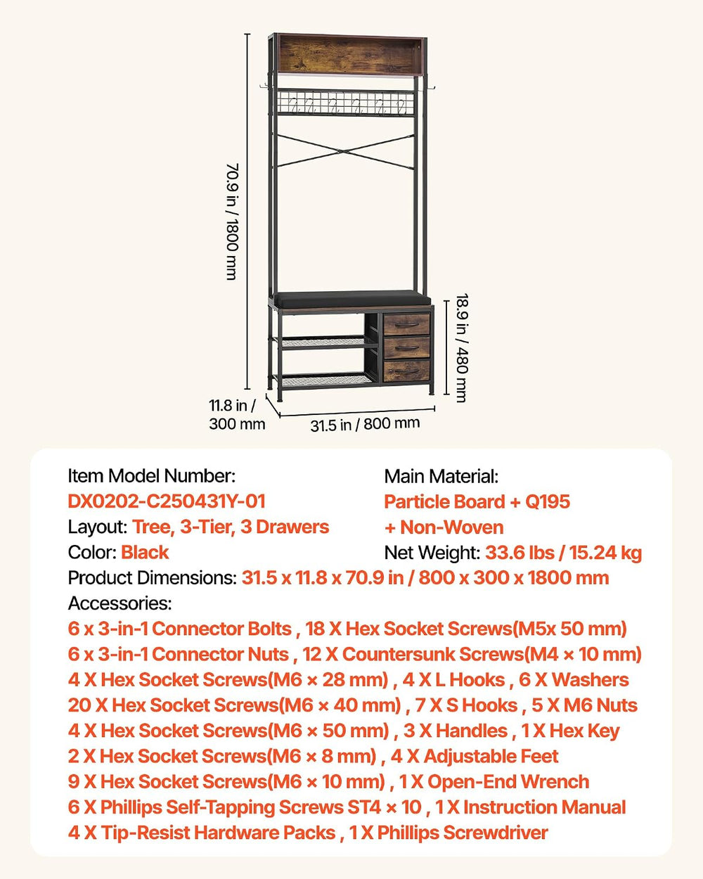 VEVOR Hall Tree with Bench and Shoe Storage, Entryway Bench with Coat Rack, 3...