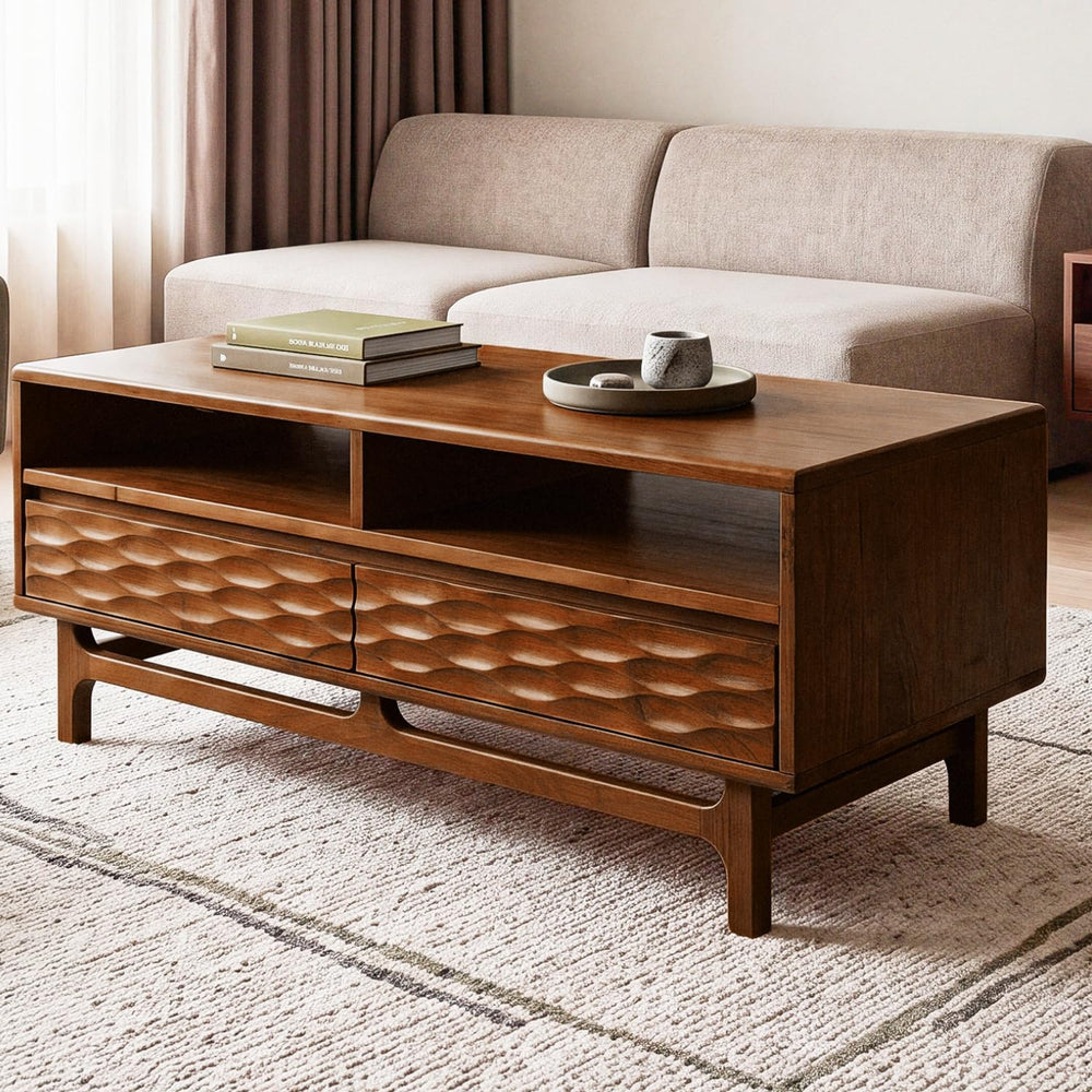 Acacia Elara 47" Wood Coffee Table with Open Shelf & 2 Drawers, Walnut