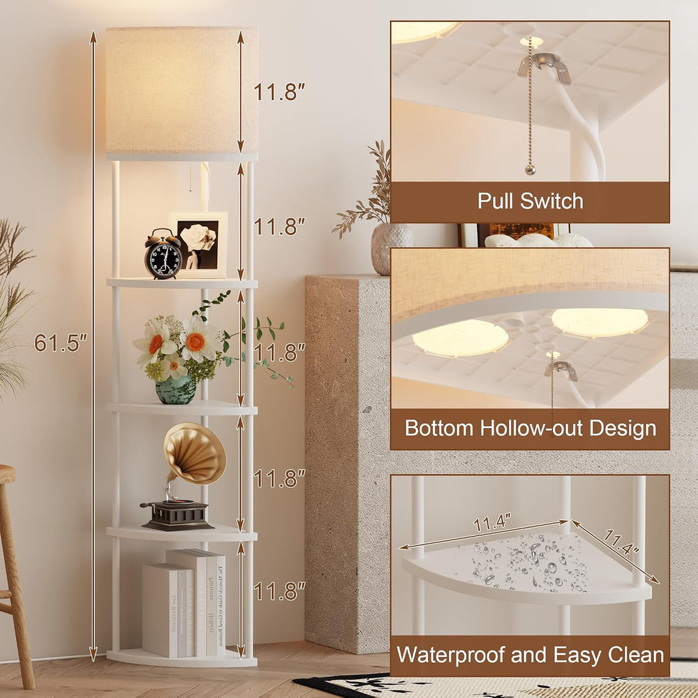 Qupui Floor Lamp with Shelves, 61.5" 5-Tier, 3-Color LED, White