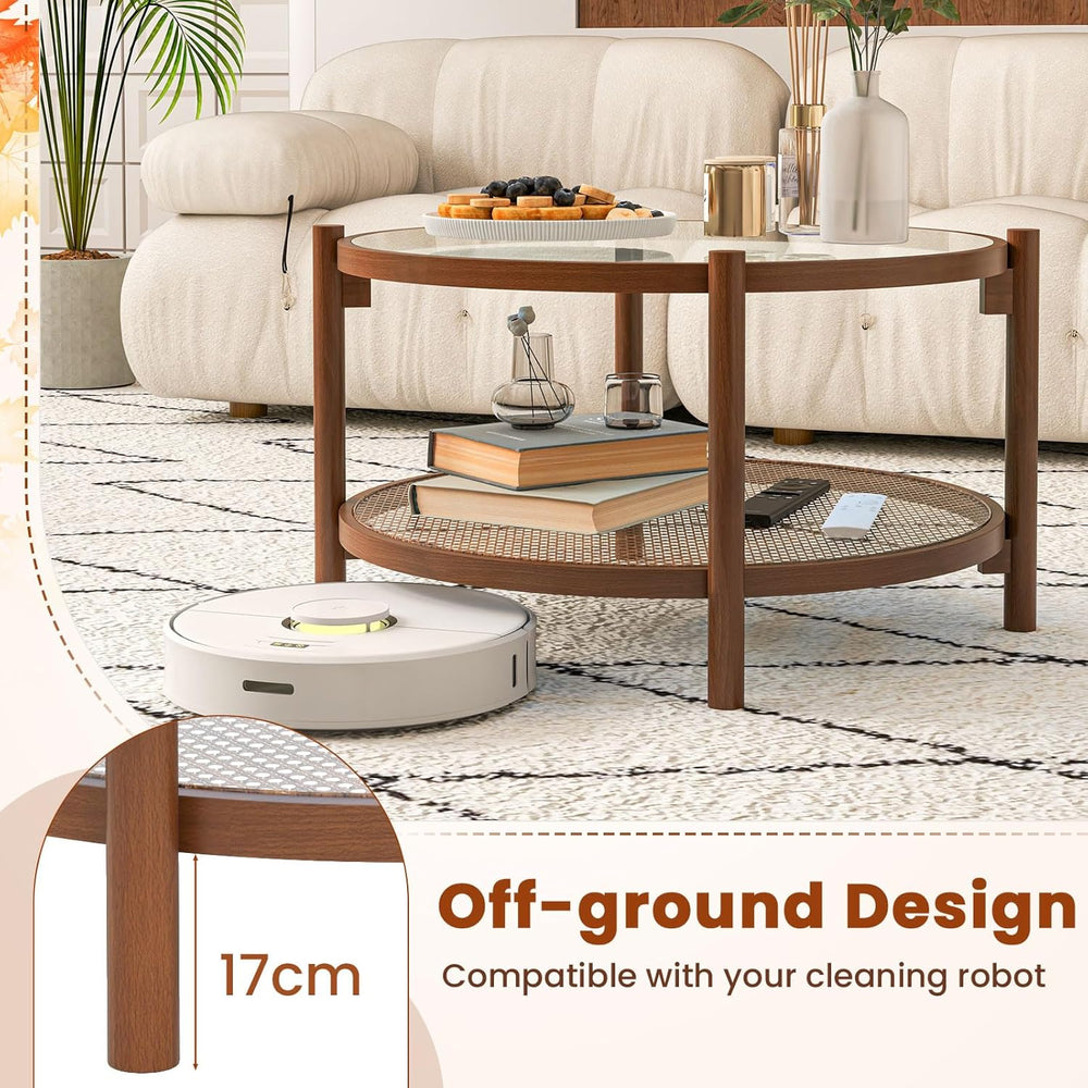 GIANTEX Rattan Coffee Table, Boho Round Glass Tea Table with PE Rattan Storag...