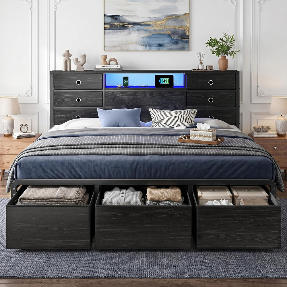 Homkdom King Size Bed Frame with 9 Drawers and Charging Station,Black