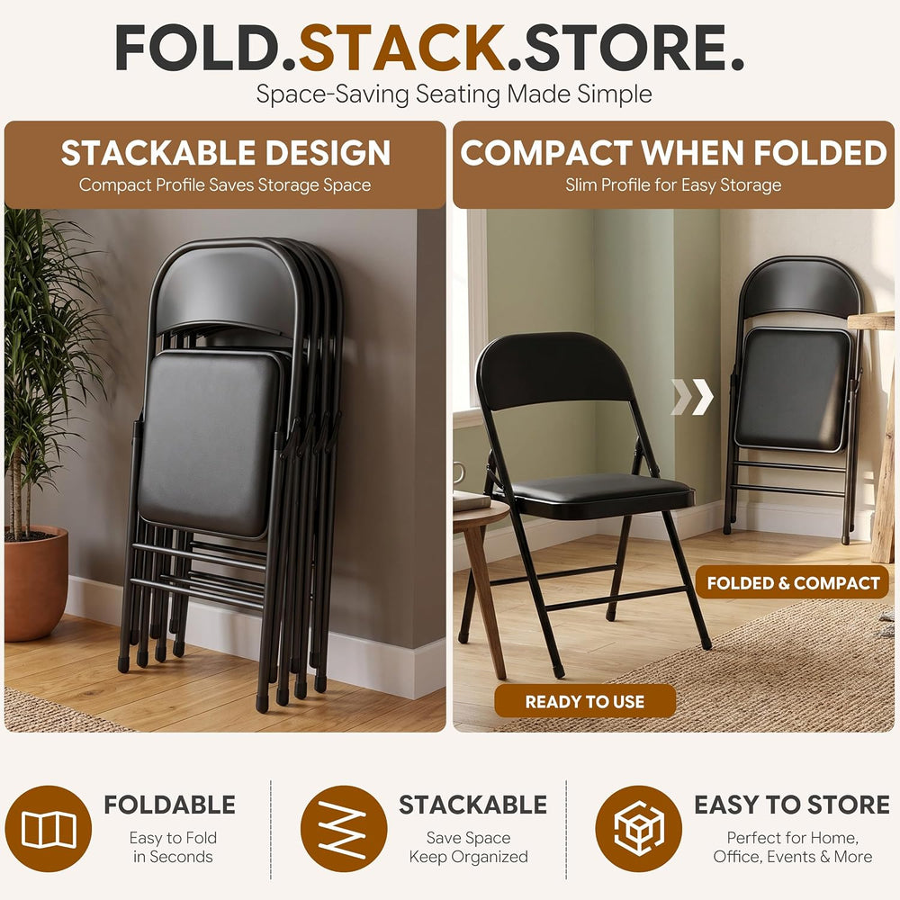 4 Pack Black Padded Folding Chairs with Metal Frame