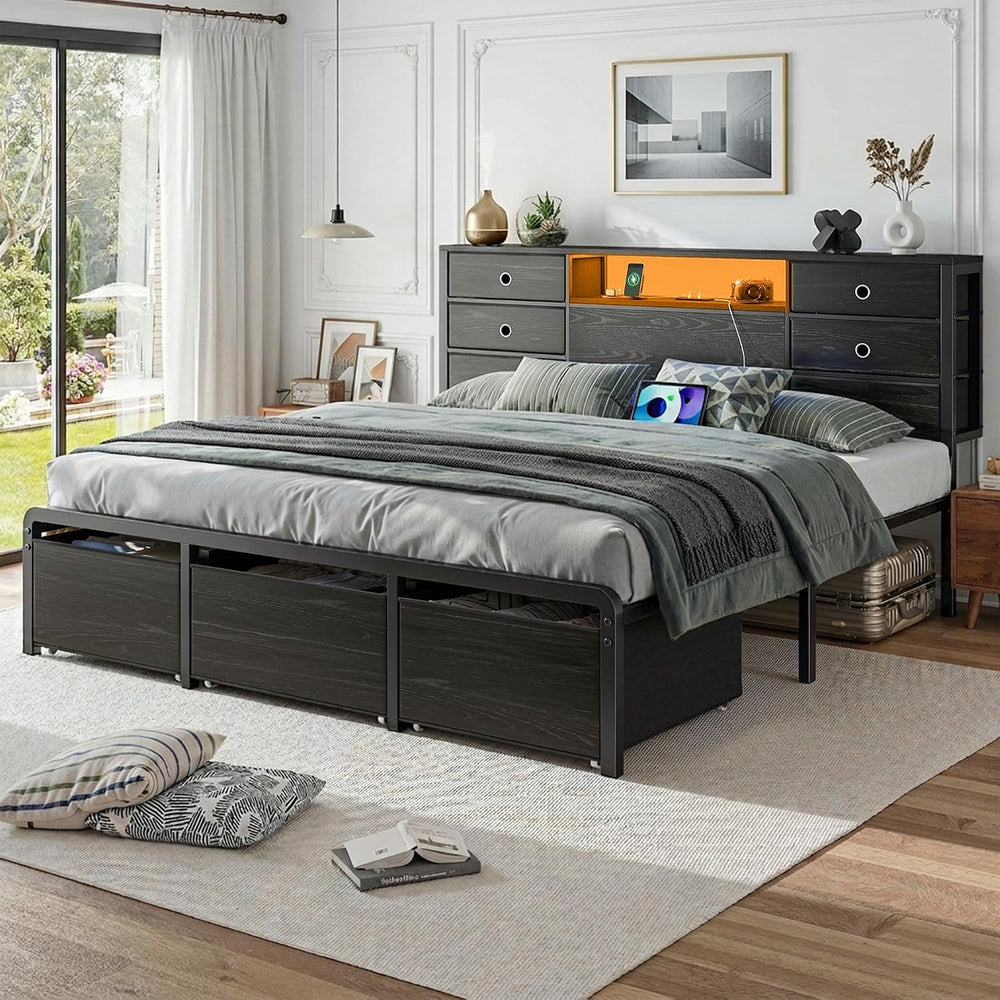 Homkdom King Size Bed Frame with 9 Drawers and Charging Station,Black