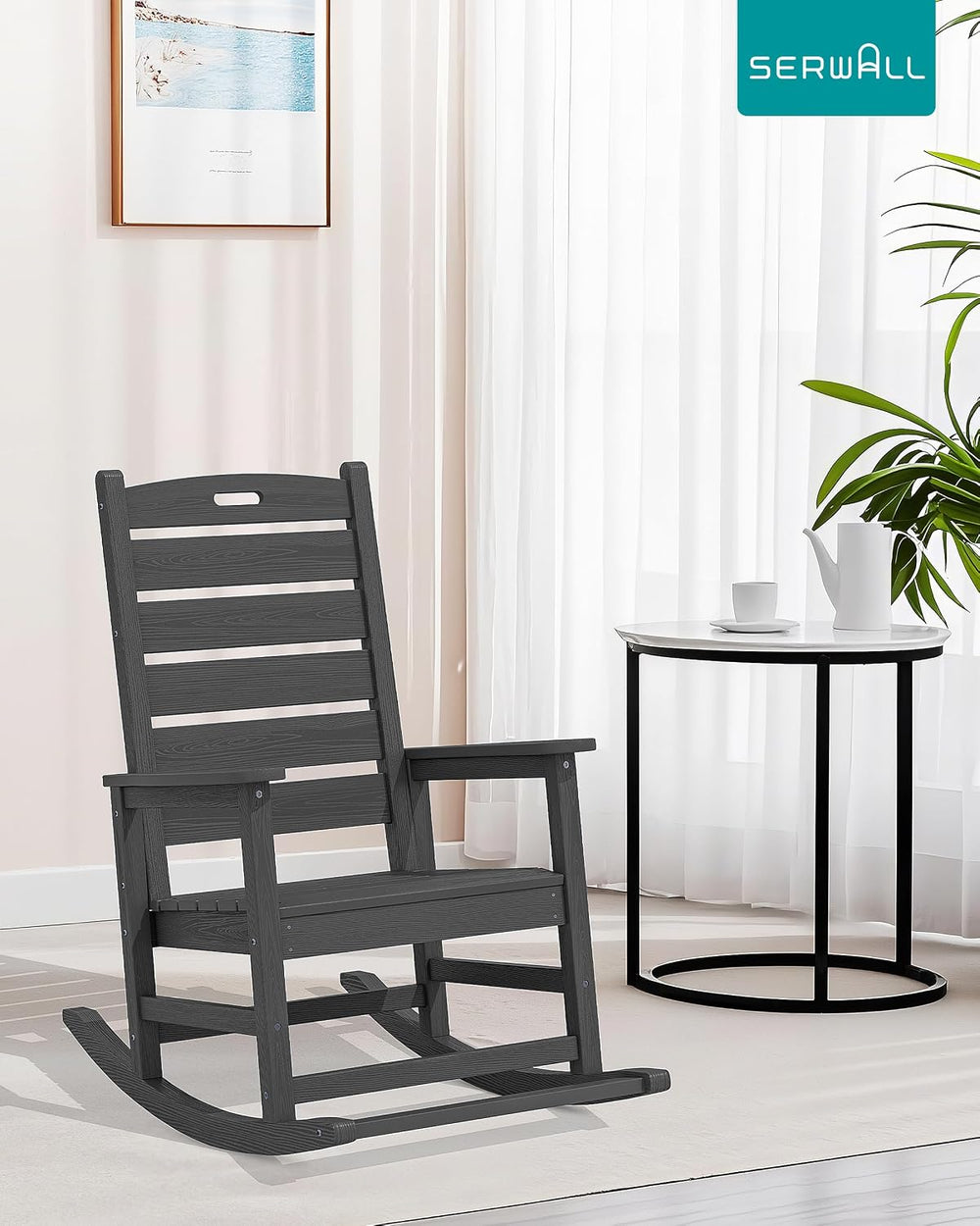 SERWALL 2-Pc Rocking Chair Set with Footboard, HDPE, 350lbs Cap, Gray