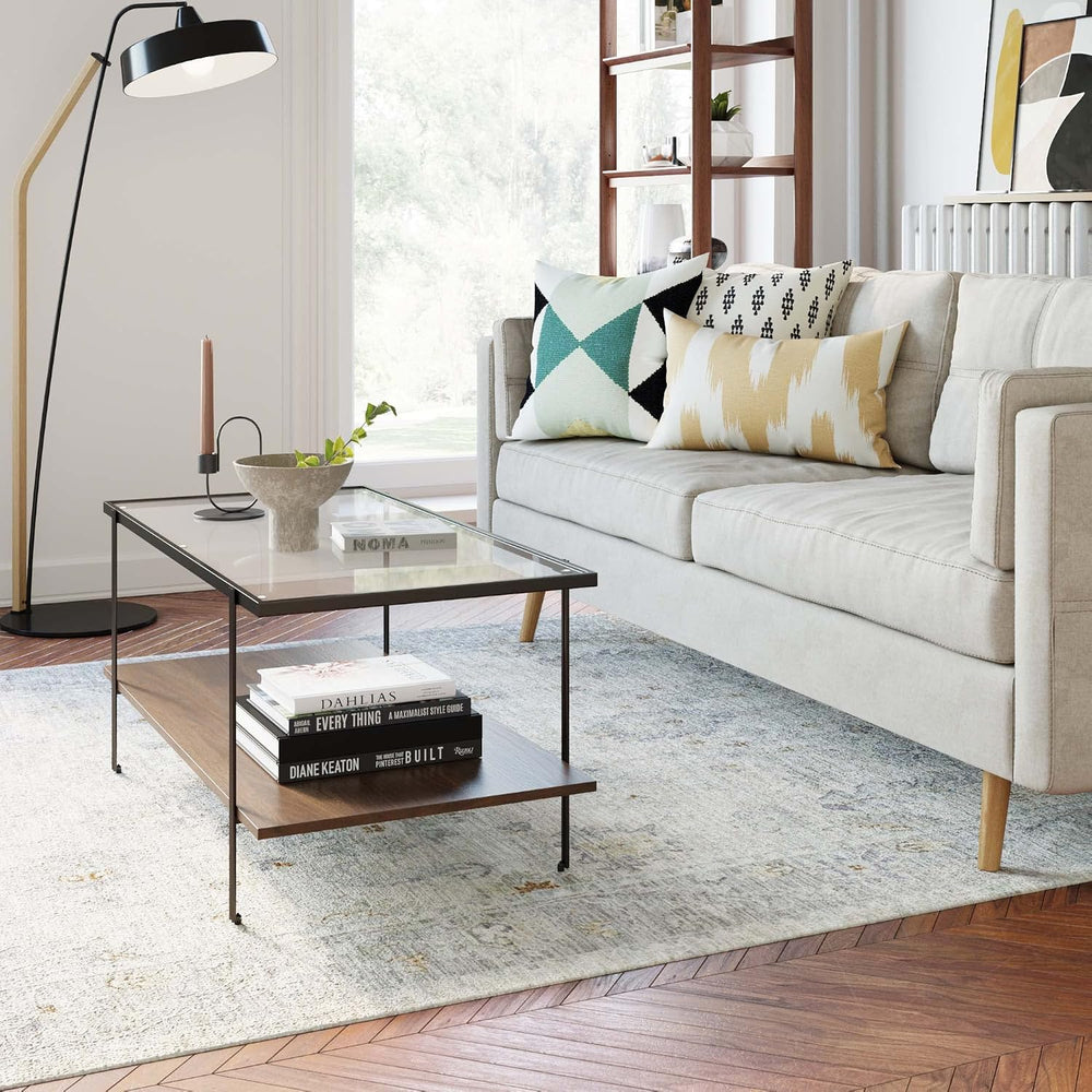 Nathan James Asher Mid-Century Rectangle Coffee Table Glass Top and Wood Fini...
