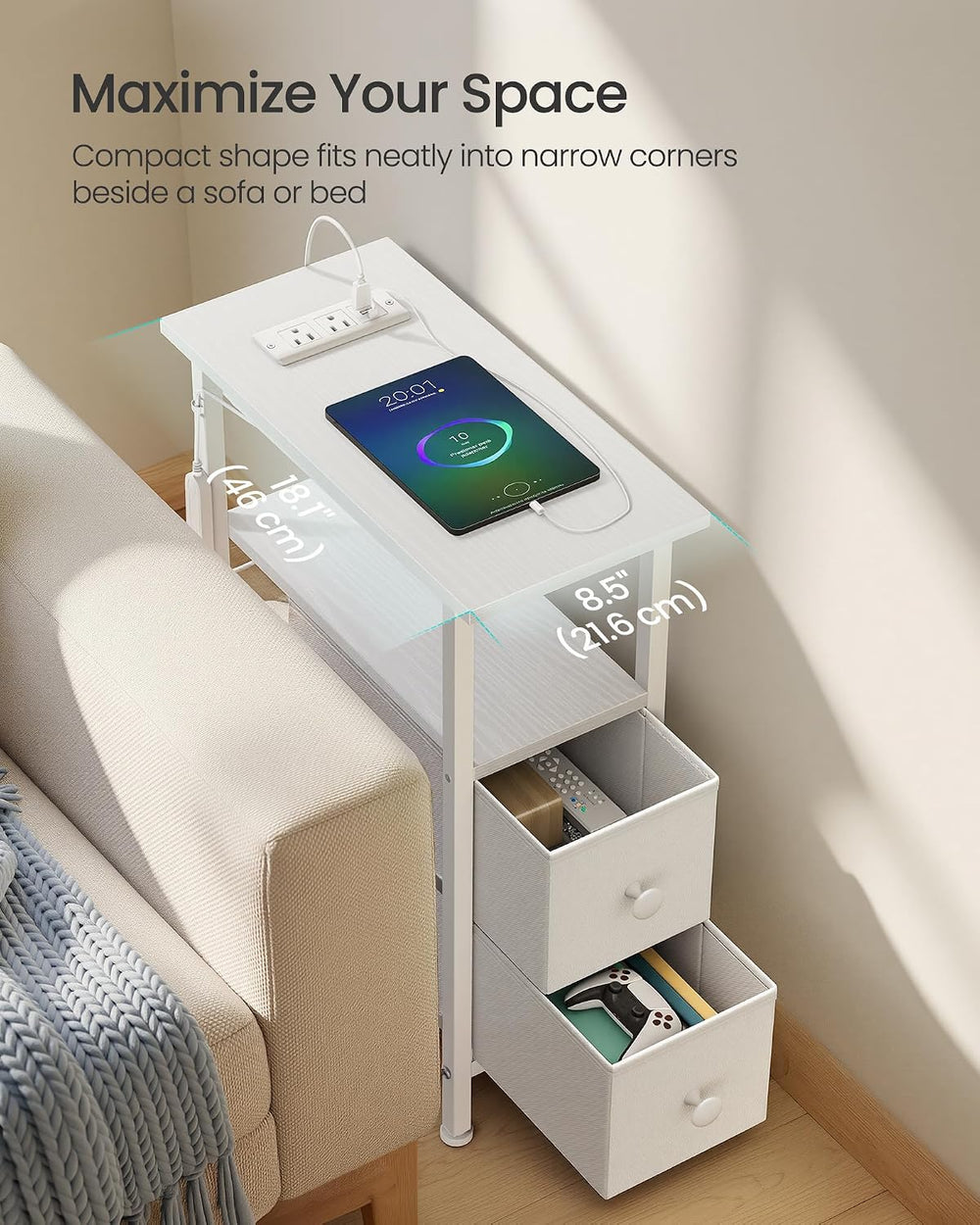 SONGMICS Side Table with LED Light, Narrow End Table with 2 Fabric Drawers