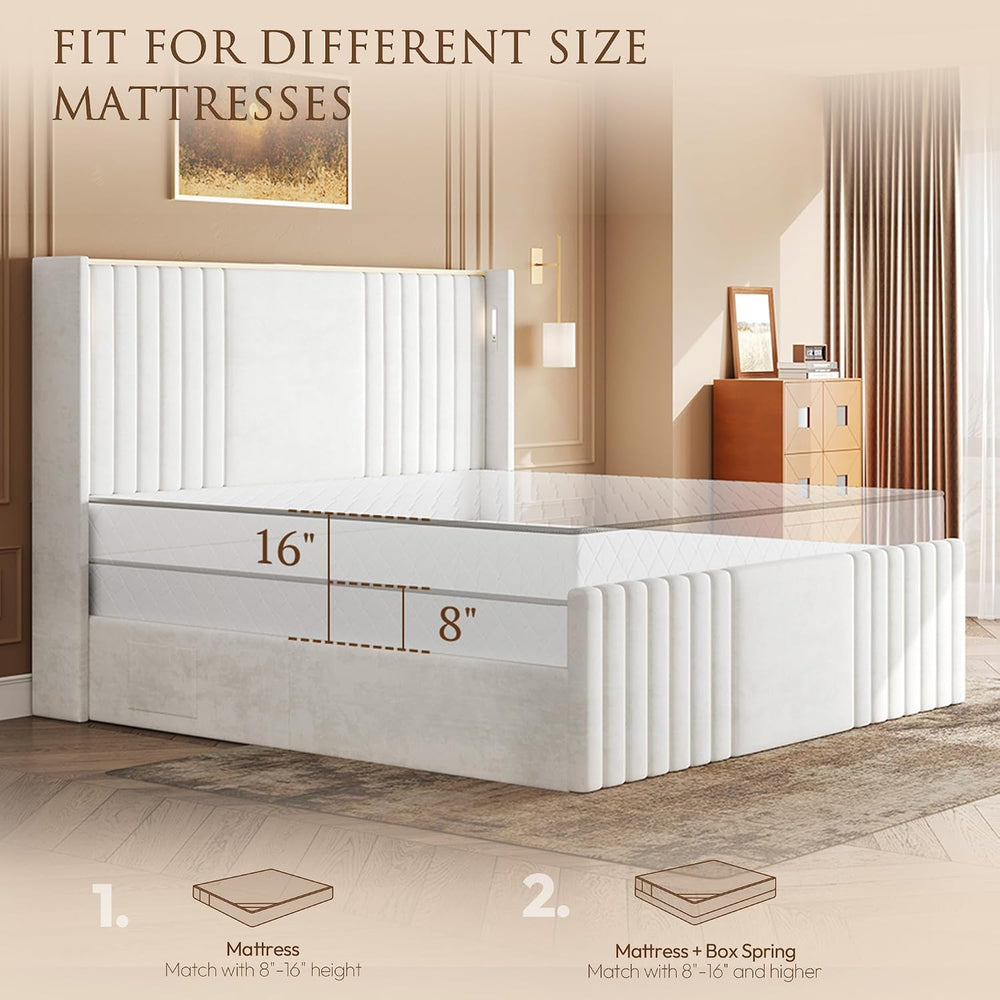55" Tall King Size Platform Bed Frame with 2 Reading Lights, Cream