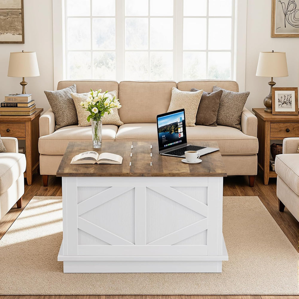 YESHOMY 31.5 Inch Square Farmhouse Coffee Table with Storage, White