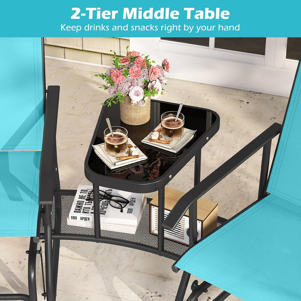 Tangkula 2-Seater Outdoor Glider Bench with 2-Tier Center Table (Turquoise)