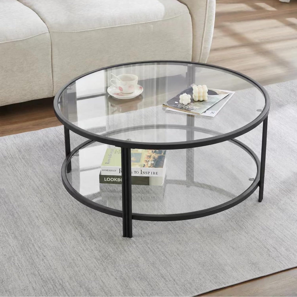 Coffee Tabale - Round Glass Coffee Table - Storage