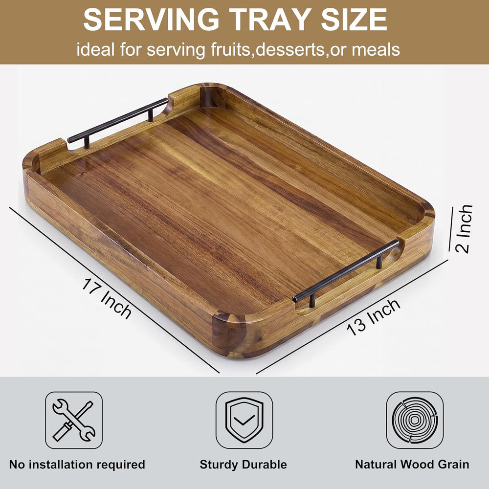 ZUJJAFY Serving Tray with Metal Handles, 17 x 13 in Acacia Wood Tray for Serv...
