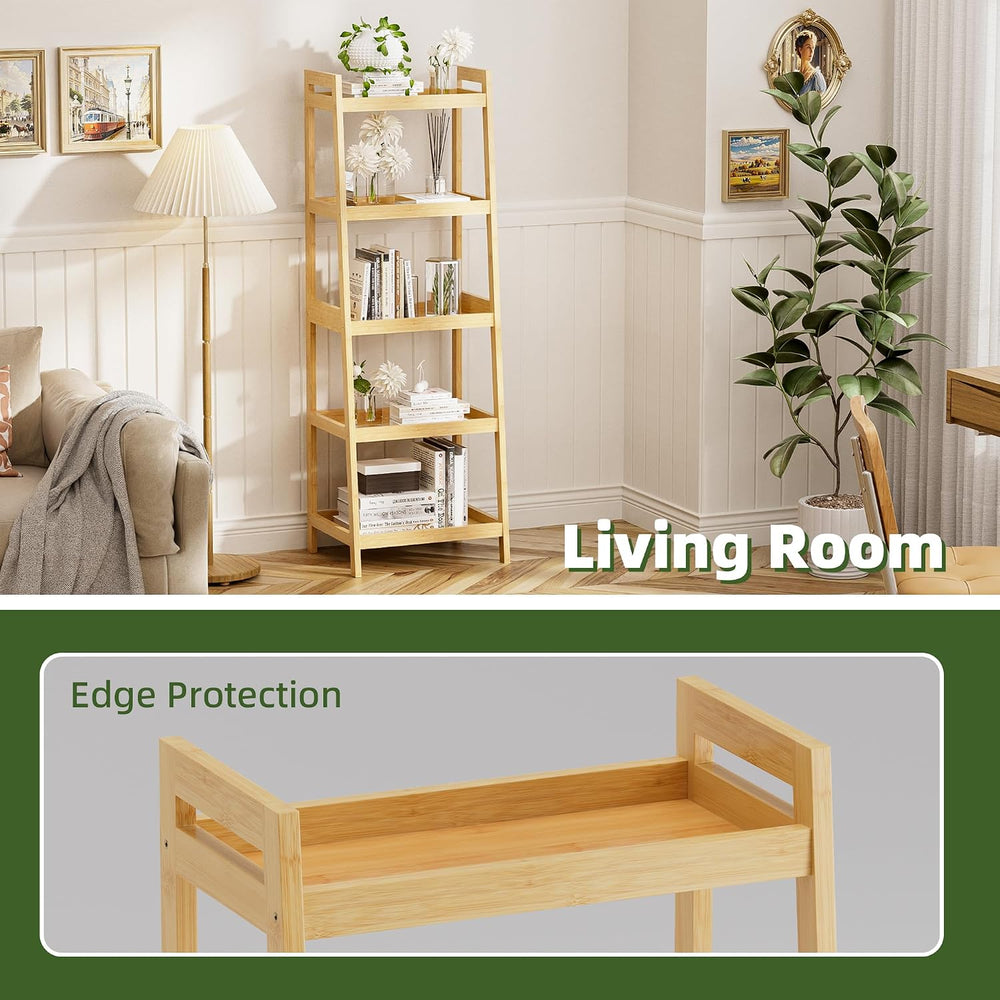 Bookshelf, 5 Tier Ladder Bookcase with Bamboo Frame, Freestanding Tall Narrow...
