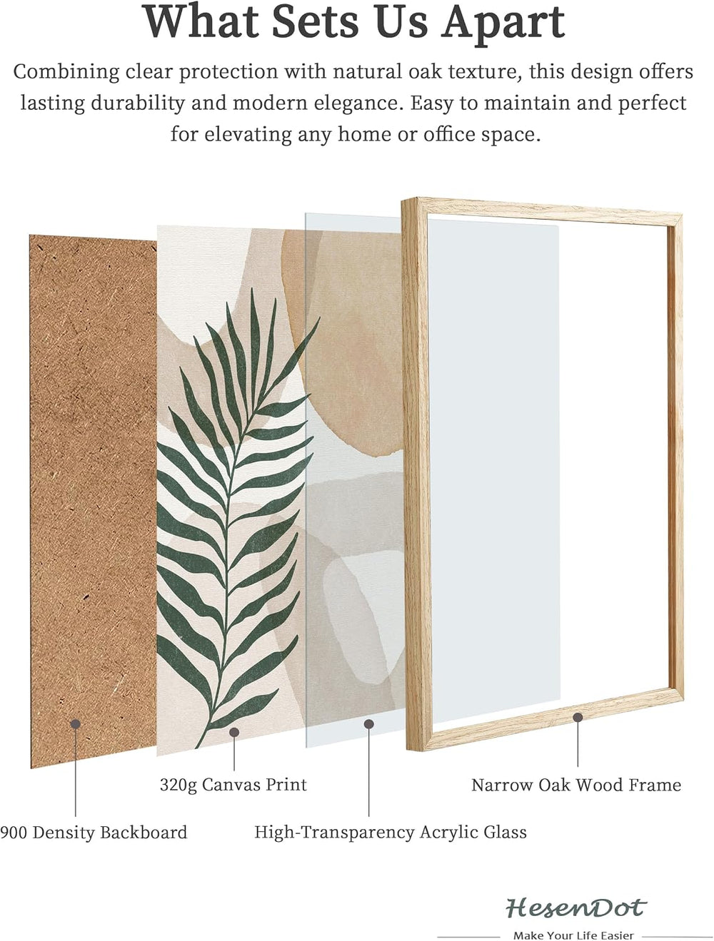 HesenDot Natural OAK Wood Organic Botanical Leaf Framed Wall Art,12x16in