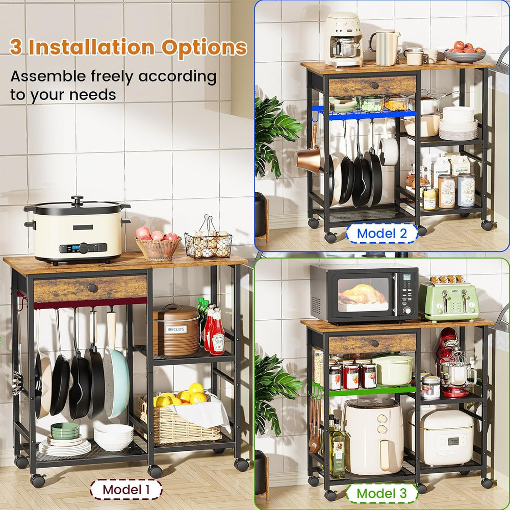Microwave Stand, Coffee Cart, Microwave Cart with Wheels & Adjustable Shelf