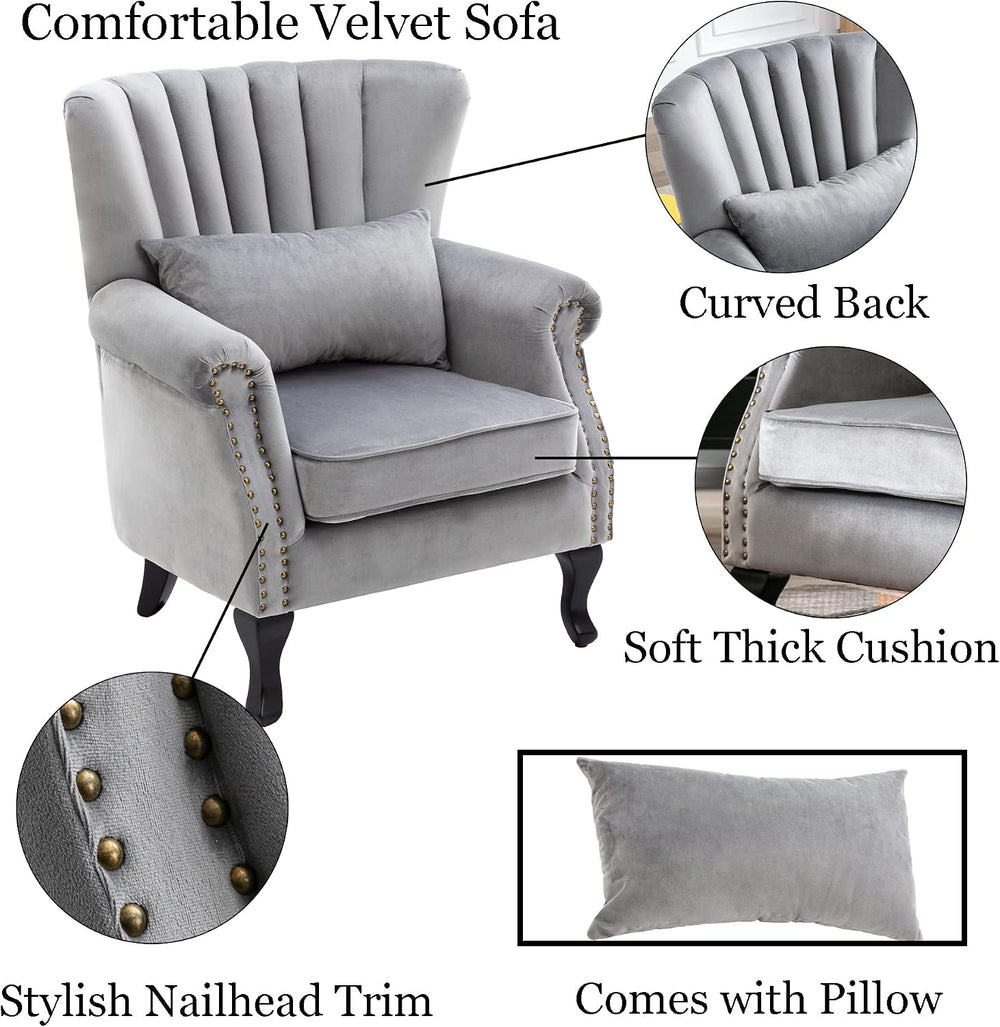 Mid Century Accent Chair Modern Tufted Wingback Armchairs Club Chair Velvet S...