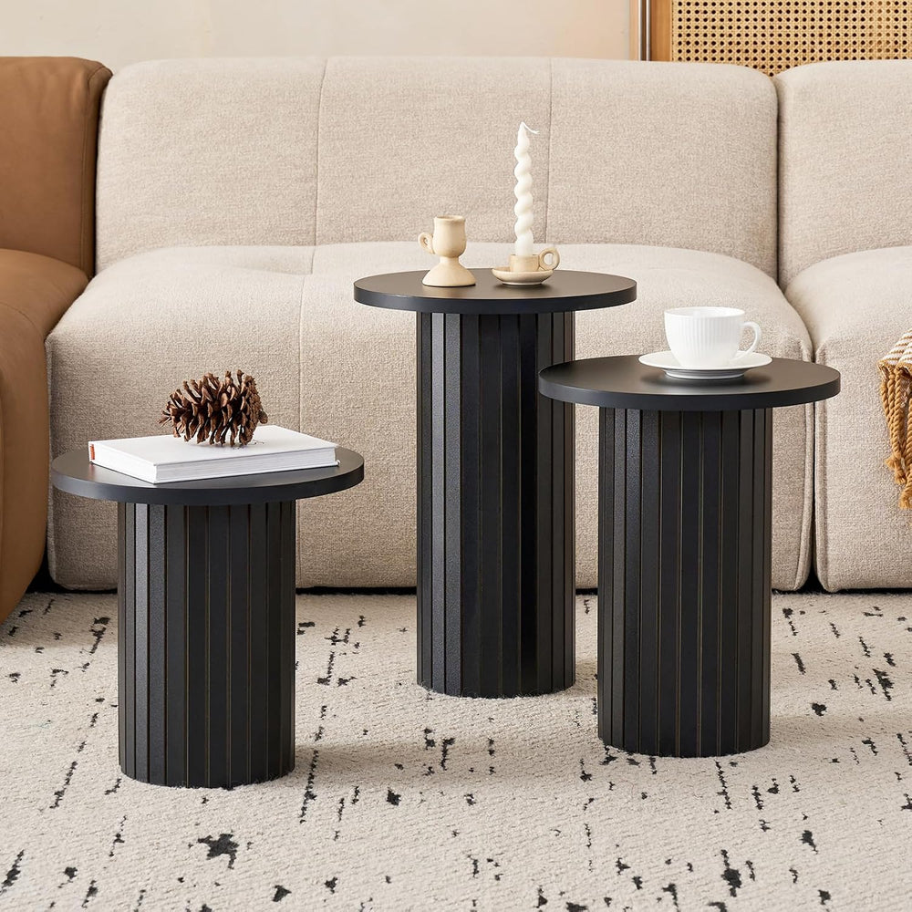 3-Piece Nesting Coffee Table Set Small Round Side Tables, Black