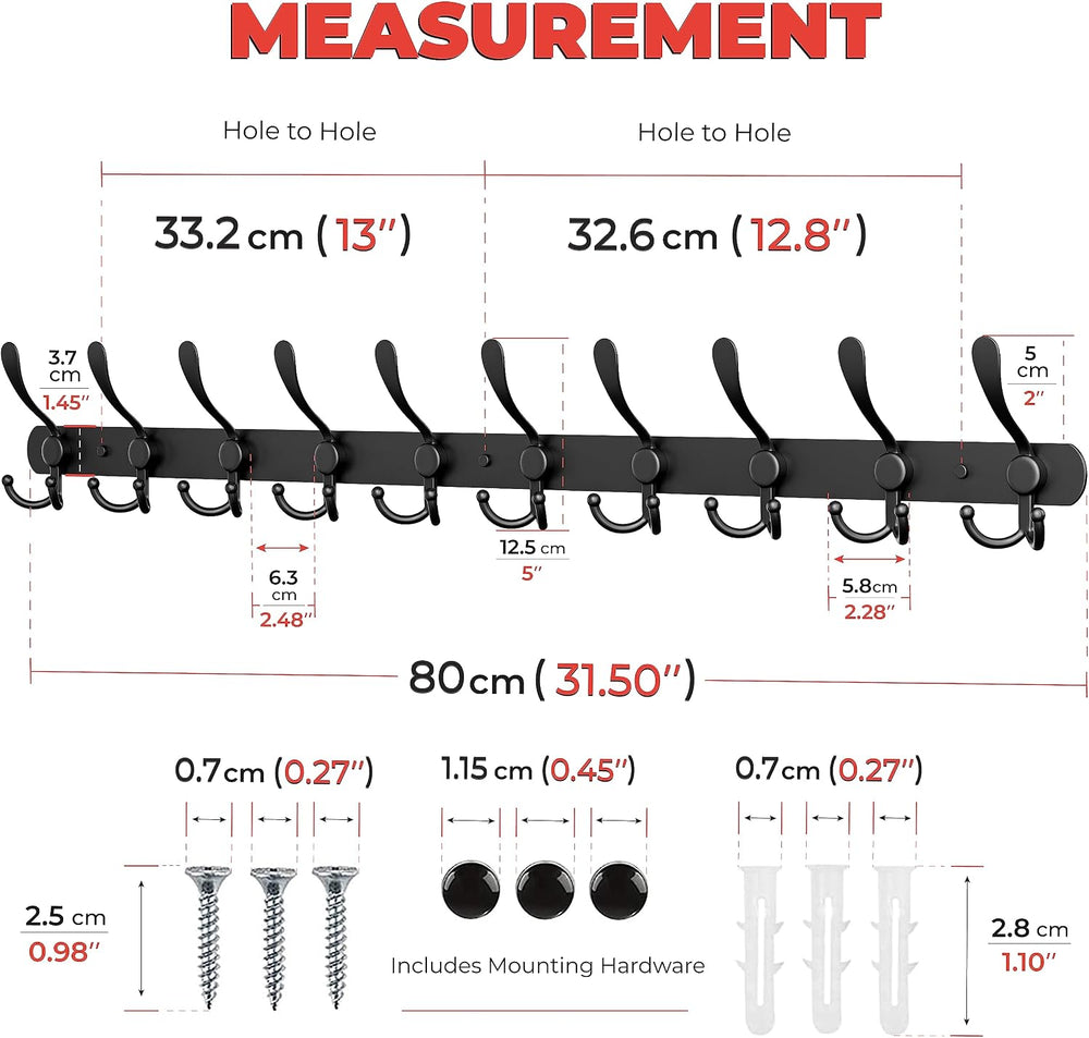 Coat Rack Wall Mount with 10 Tri Hooks – 32 Inch Stainless Steel Coat Hook Ra...