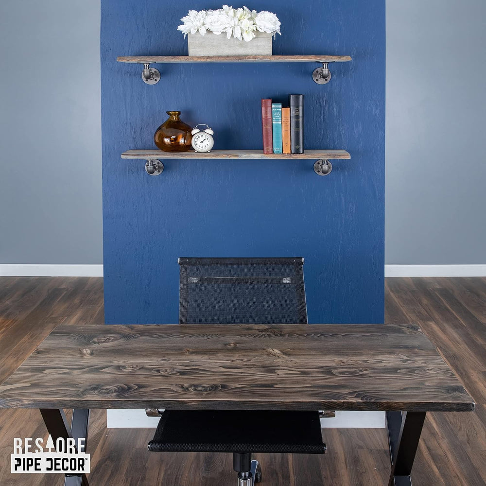 PIPE DECOR 36” Riverstone Grey Live Edge Wood Shelf with Industrial L-Shaped ...