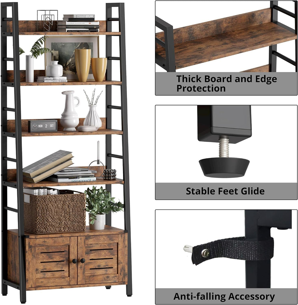 IRONCK 4 Tier Ladder Bookcase with Louvered Doors Rustic Brown