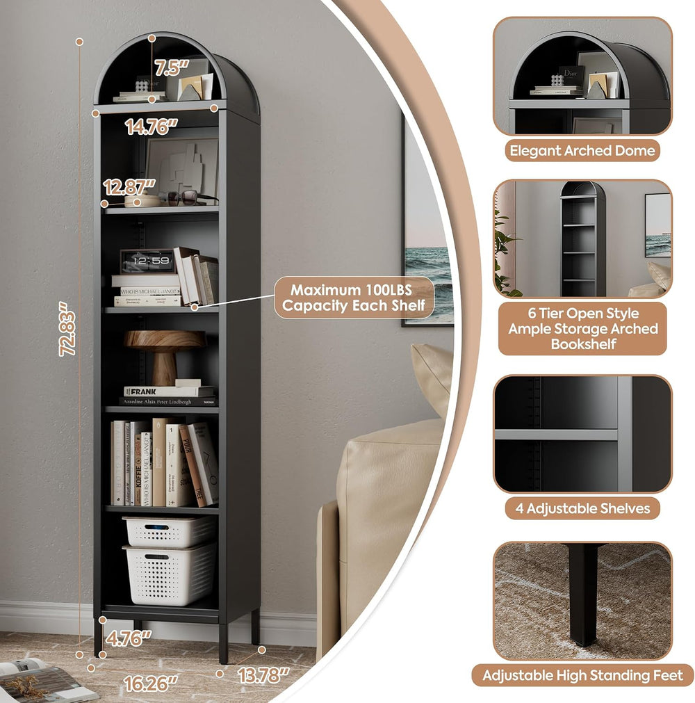 Aobabo 73-Inch Metal Arched Bookcase, Narrow Black Bookshelf