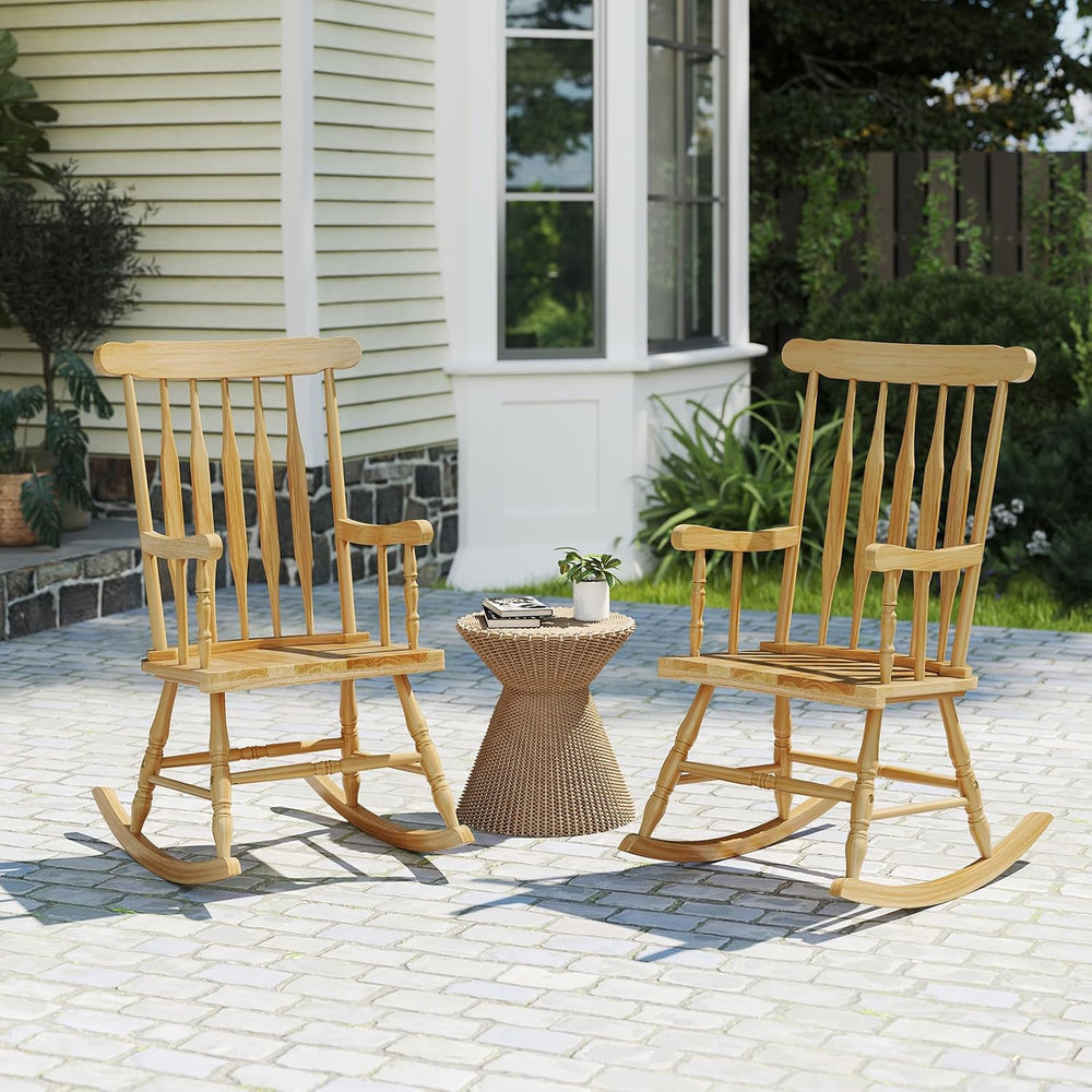 Tangkula Patio Rocking Chair, Solid Rubber Wood Frame, Natural, 1 Pack
