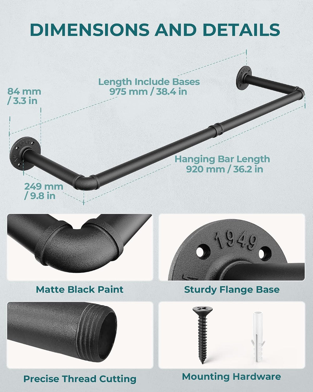 OROPY 38.4" Industrial Pipe Clothes Rack Wall Mounted, Heavy Duty, 2 Pack