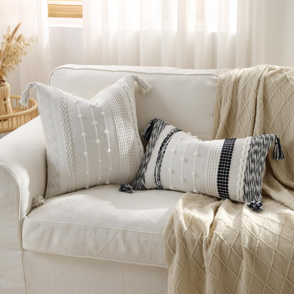DEZENE Boho Pillow Cover 18x18 Beige - Handmade Woven Textured Throw Pillow C...