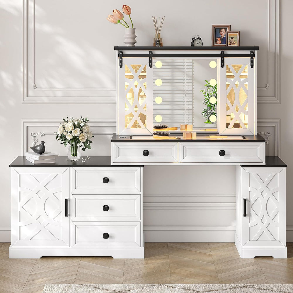 TAGELIER Farmhouse Large Makeup Vanity with Mirror & Lights
