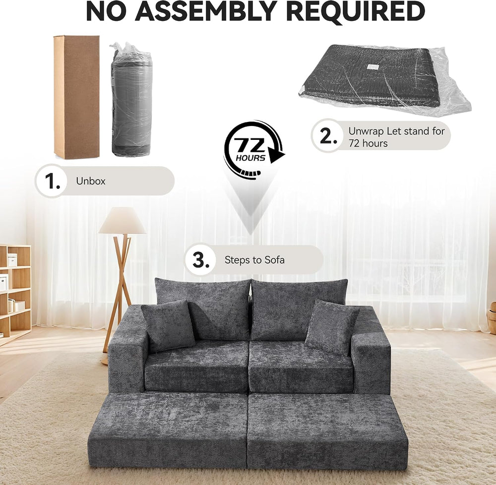 79" Boneless Couch with Ottoman, Compressed Sleeper Sofa Bed, Dark Grey