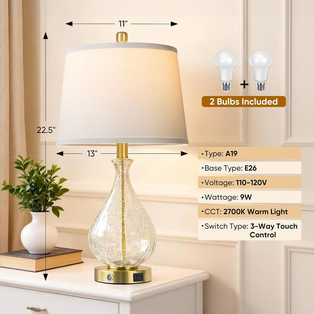 QiMH Bedside Lamps Set of 2, Modern Glass Table Lamps for Living Room