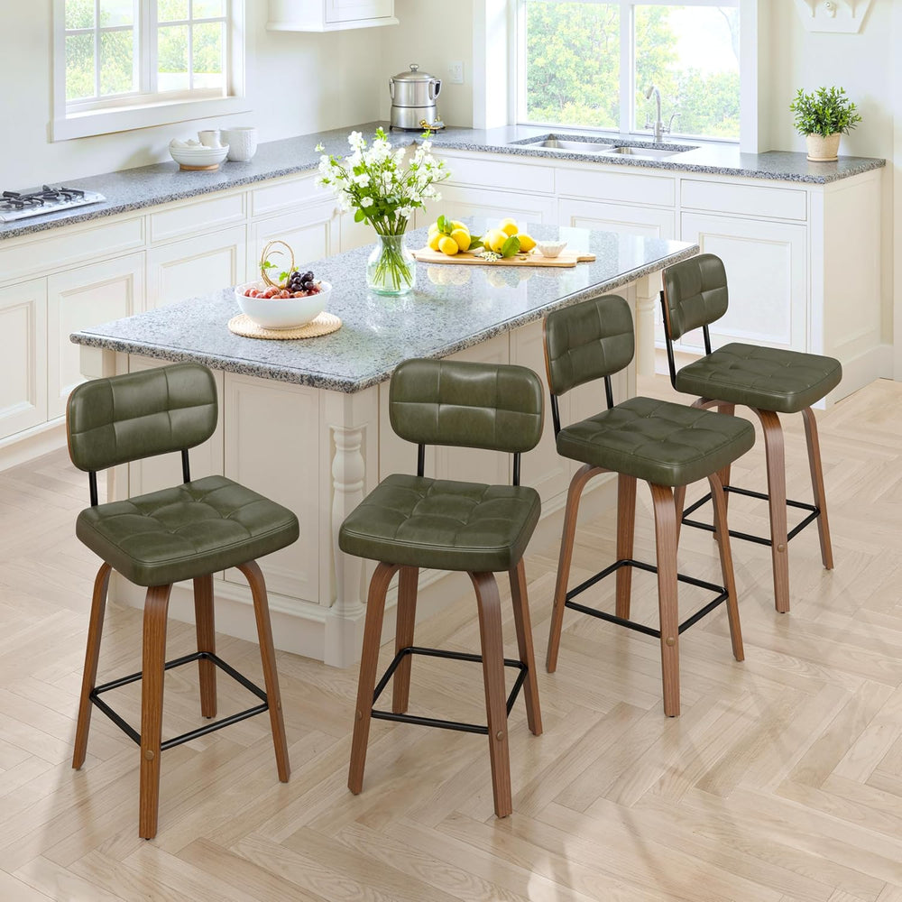 Bar Stools Set of 2 Swivel Counter PU Leather, Deep Green