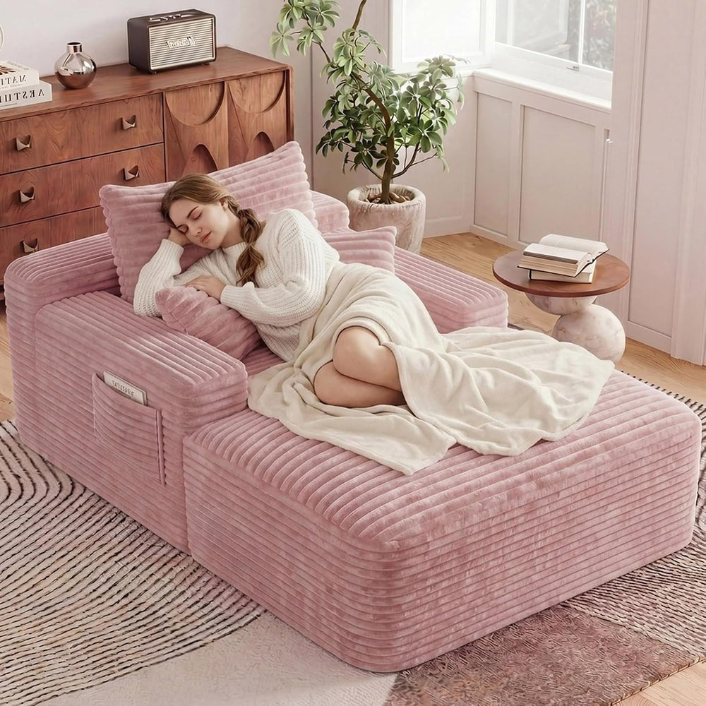 65" Oversized Boneless Chaise Lounge Chair Indoor with 3 Pillows, Pink