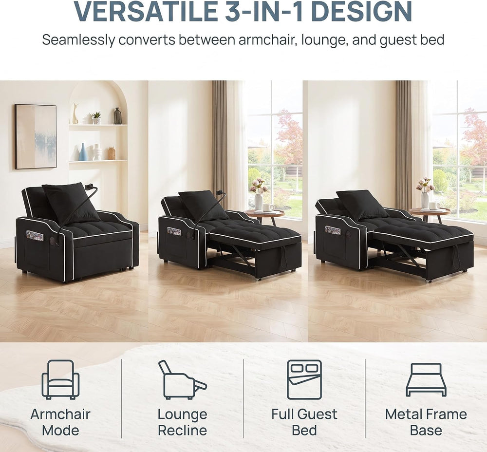 Single Sleeper Chair with USB Port, 3 In1 Pull Out Sofa Bed, Black