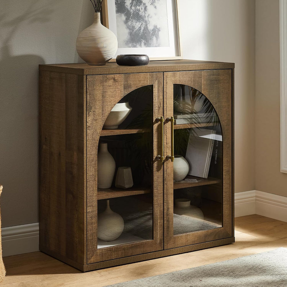 ACCOHOHO Glass Arched Door Sideboard Buffet Cabinet Set of 2, Rustic Oak