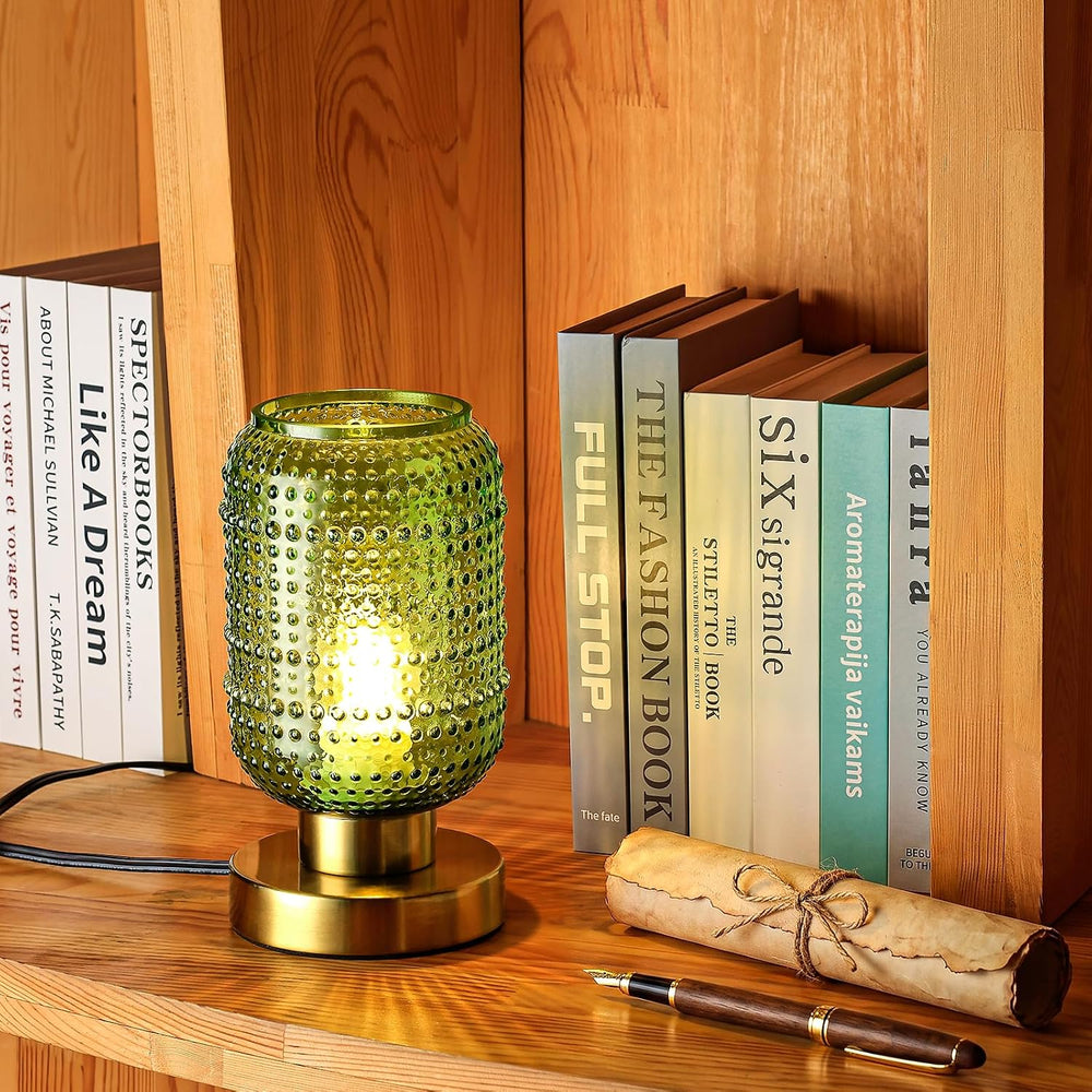 ZYER 8.9in Green Glass Table Lamp, Touch Control Lamp, Small Vintage Lamp