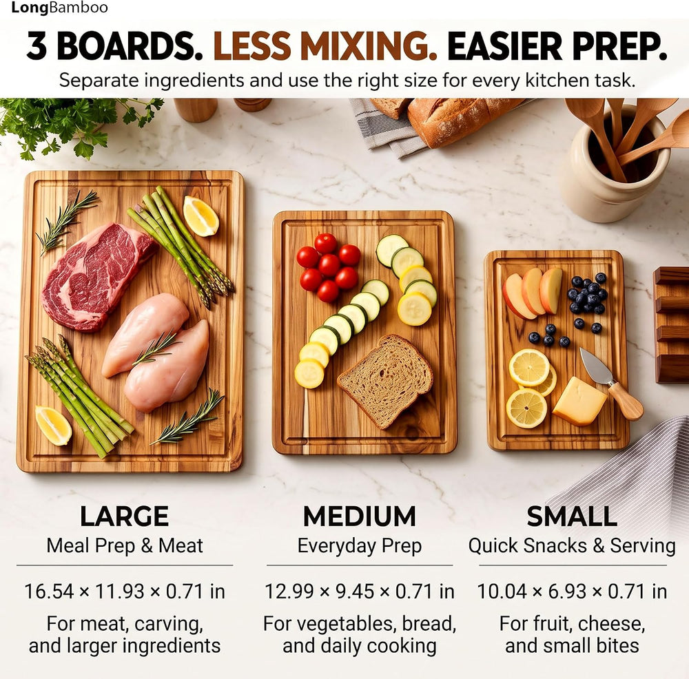 Teak Wood Cutting Boards for Kitchen, Cutting Board Set of 3 with Stand