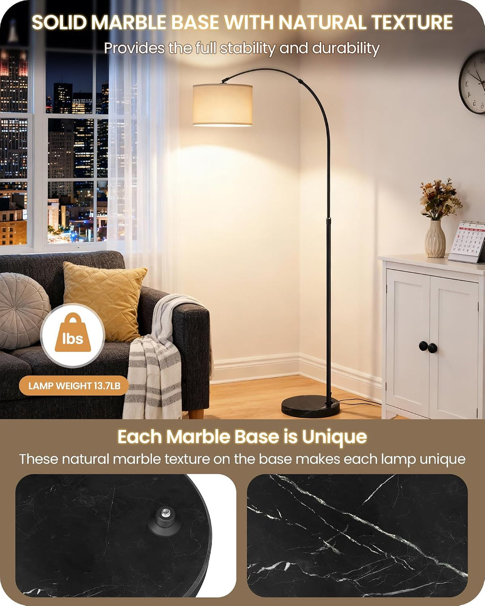 75" Dimmable Arc Lamp with Marble Base, Adjustable Height,White Linen Shade