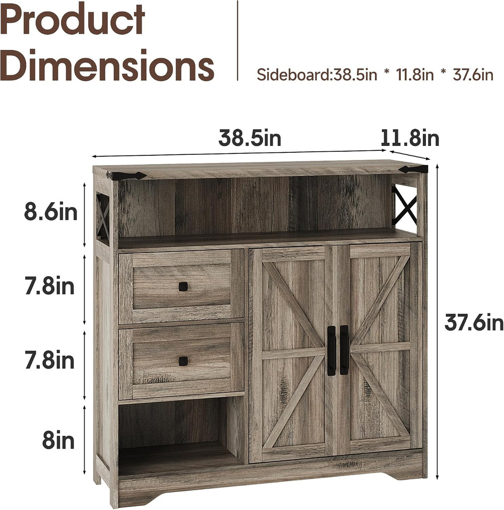 Fameill Farmhouse Storage Cabinet with Drawers and Open Storage, Grey
