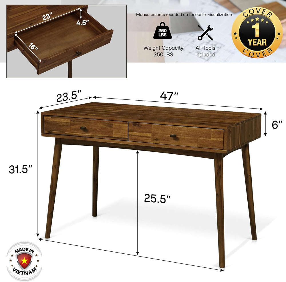 Acacia Lagom 48" Solid Wood Work Desk with Drawers, Home Office Desk Off...