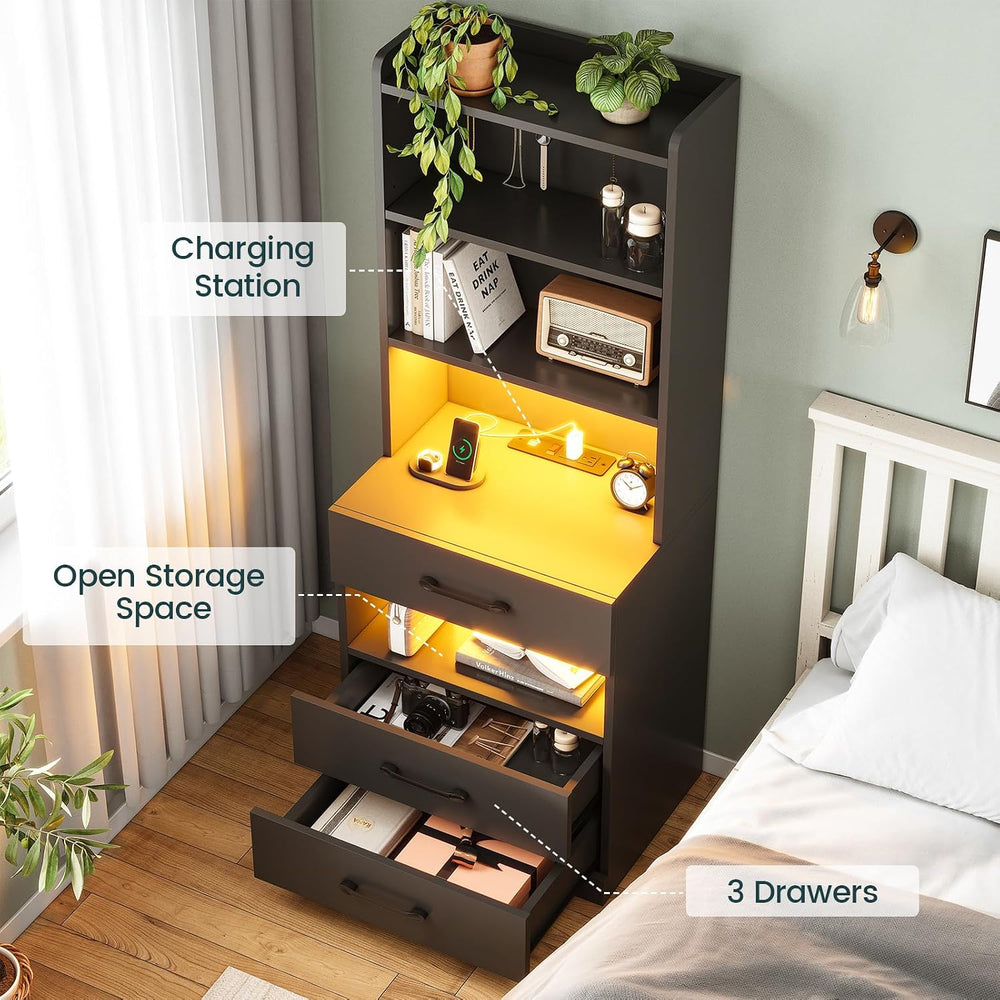 AOGLLATI Tall Night Stand Set of 2 with Charging Station and LED Lights, Blac...