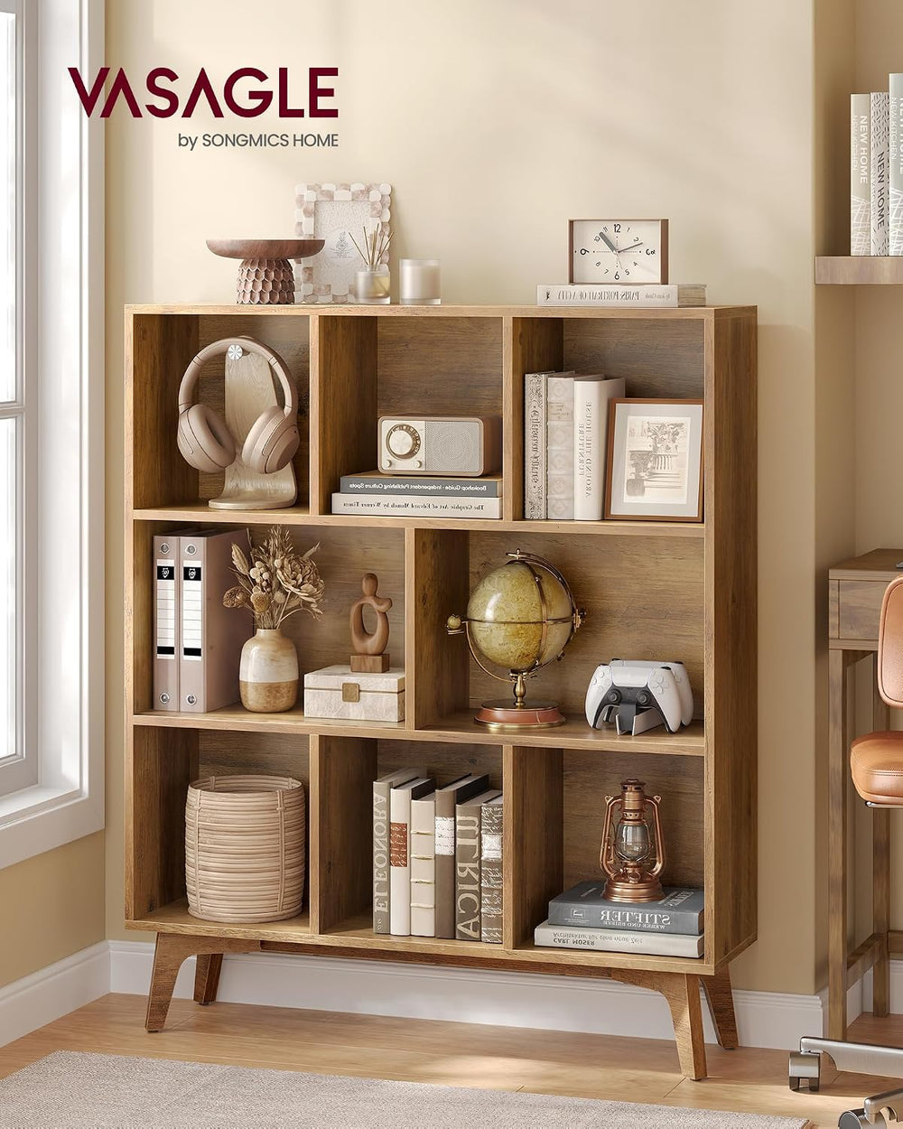 VASAGLE Mid-Century Modern 8-Cube Bookshelf, 35.4 x 9.4 x 42.3 Inch