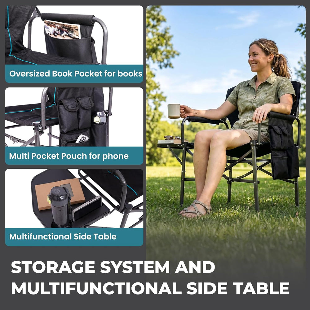FUNDANGO Oversized Director Chair,Padded Camping Chair with Side Table