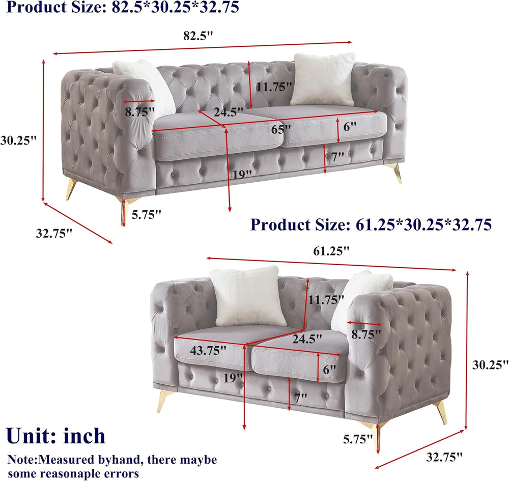 KEIKI 2-Piece Luxury Chesterfield Sofa Set with 1 Velvet 3-Seater Sofa & ...