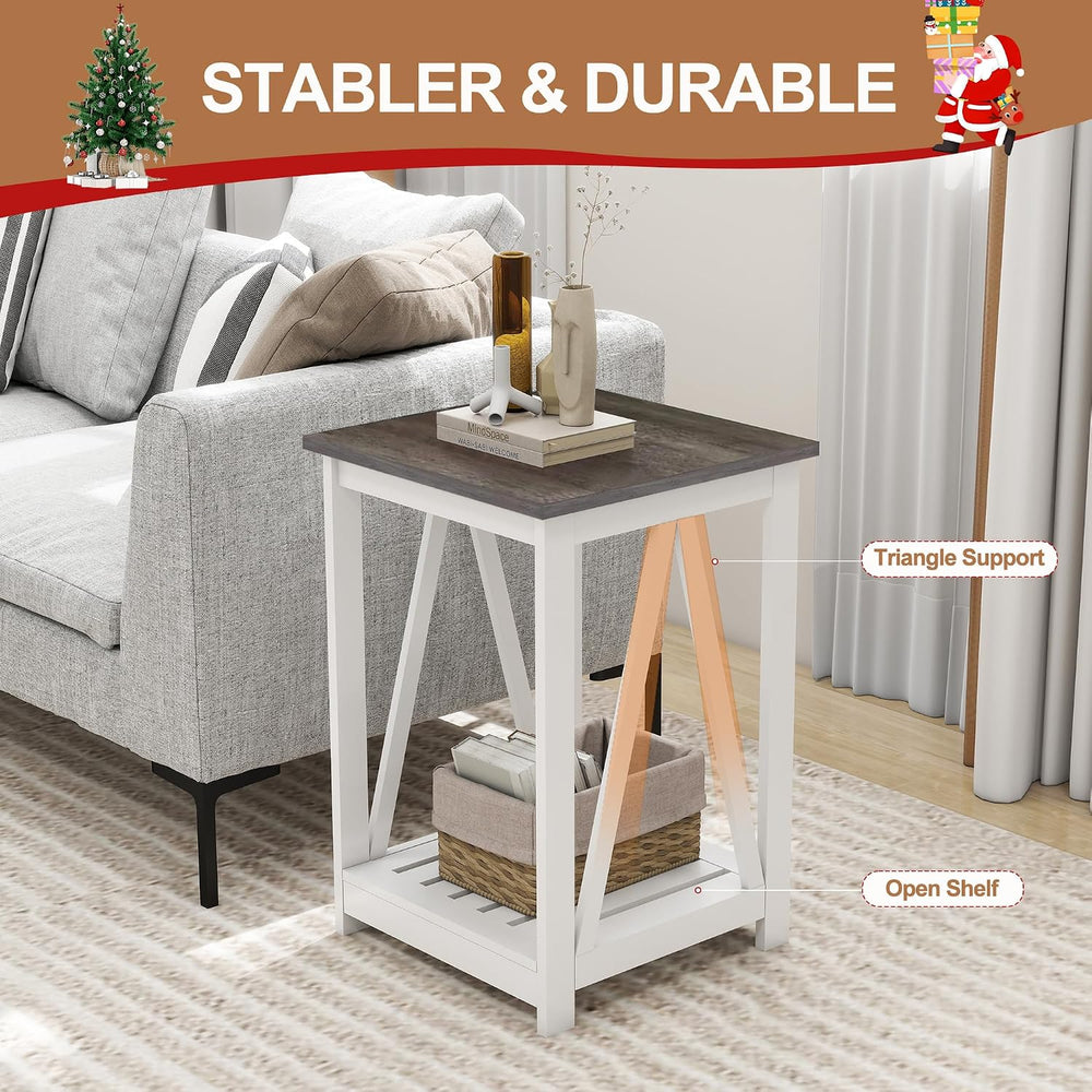 End Table, Farmhouse Square Side Table with Slat Shelf, 15.7" Dark Grey