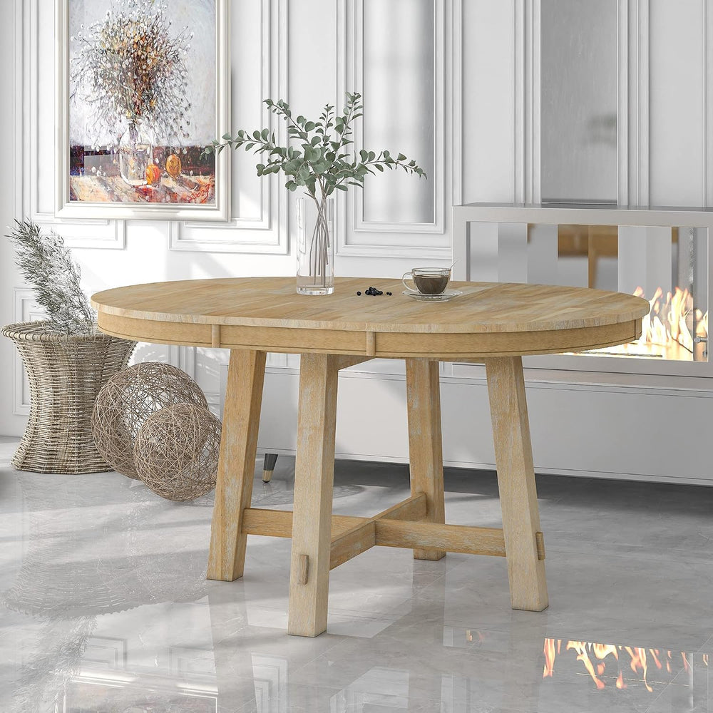 Farmhouse Round Extendable Dining Table with 16" Leaf Wood Kitchen Table