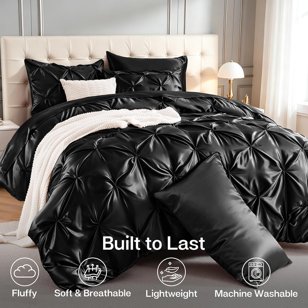 MR&HM Satin King Size Comforter Set Black, 7-Piece Pintuck Bed in A Bag