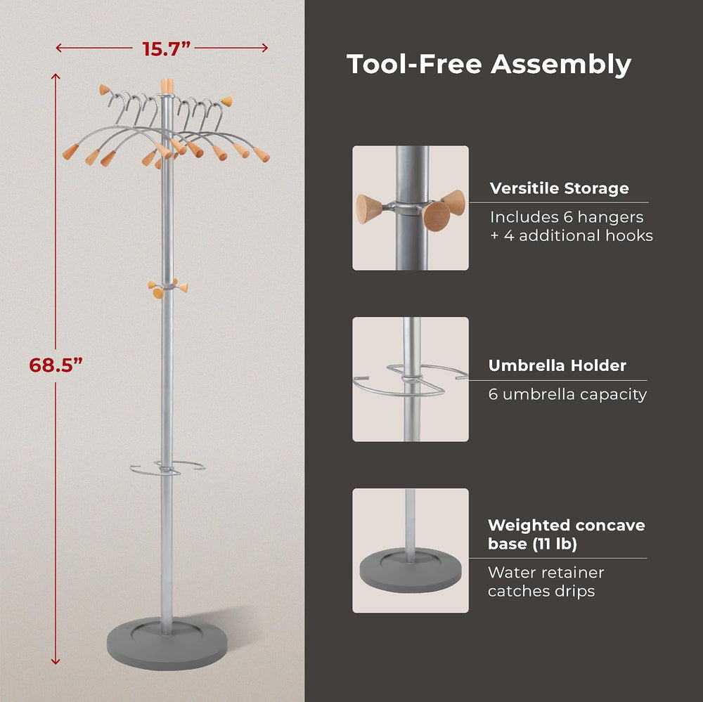 Alba Wavy Coat Tree, 6 Coat Hangers, 2 Knobs, 4 Hooks and Umbrella Stand with...