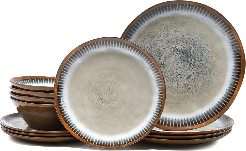 12 Piece Melamine Dinnerware Set, Unbreakable Plate and Bowls Set for 4