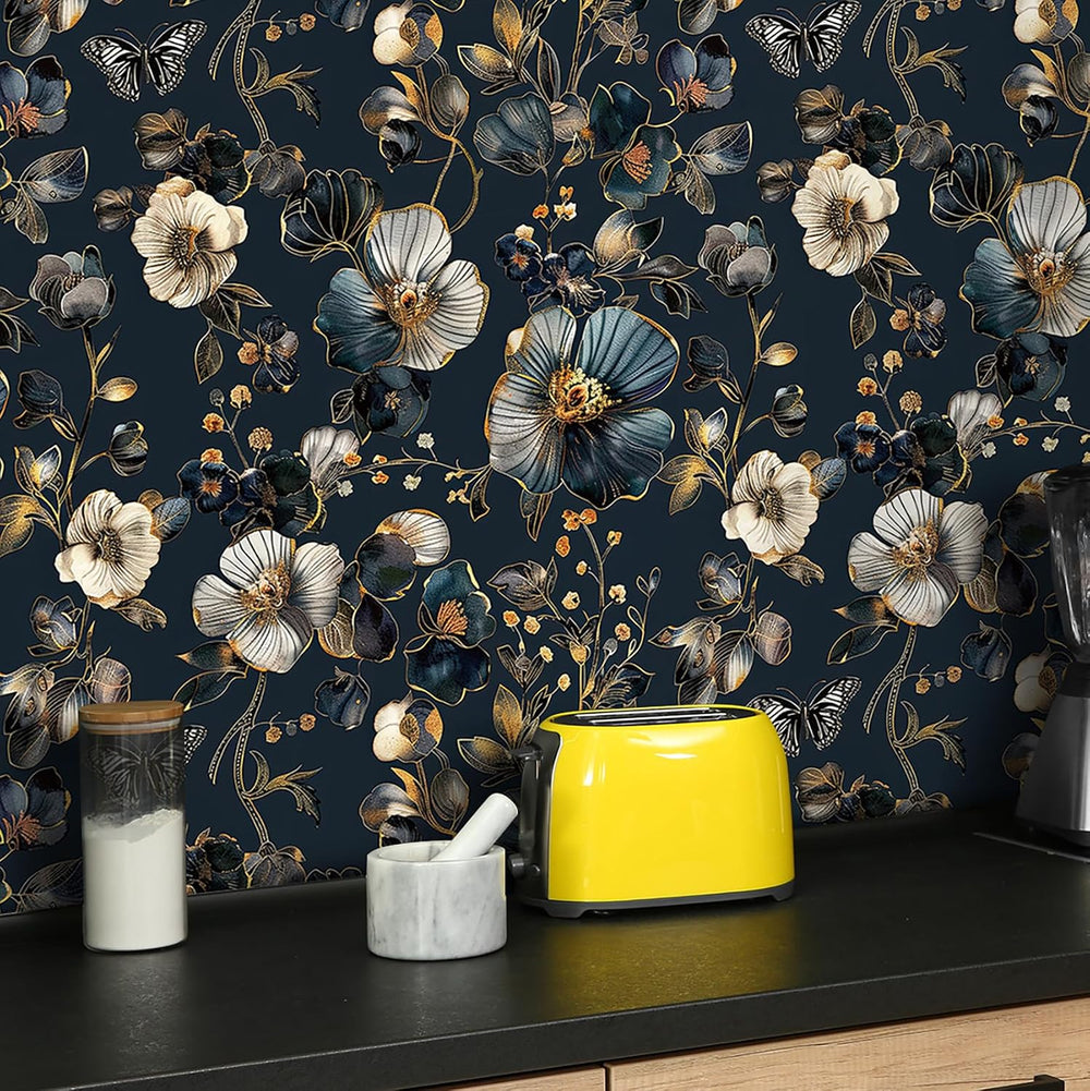 Livelynine 17.5x591 Navy Blue Flower Peel and Stick Wallpaper Vintage Dark Bl...